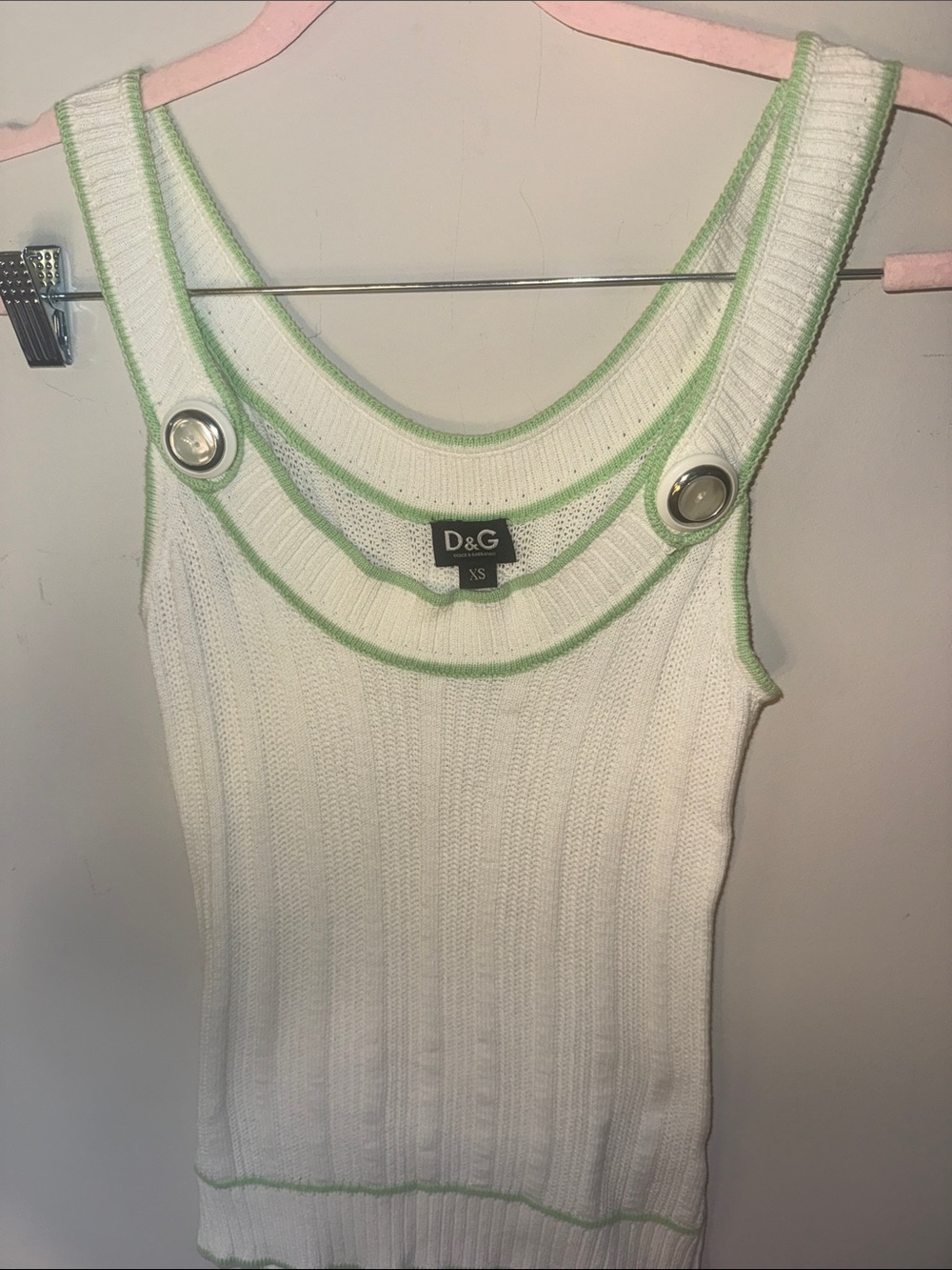 Archival Vintage D&G White Ribbed Tank with Light Green Trim and Button Details - Picture 5 of 9